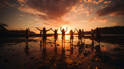 sunset at the beach, asia group of people jumping on the beach, generative ai