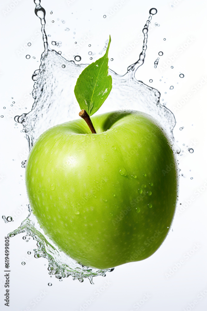 Poster a green apple with water splashing around it. generative ai.