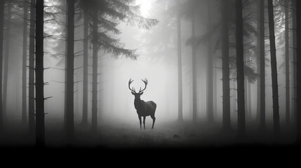 misty morning in the forest, deer in misty foggy forest, generative ai