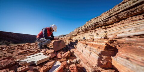 Geologist examining rock formation in remote location , concept of Field research