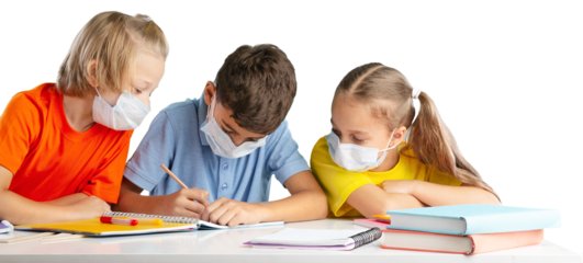 Group of children with face mask back at school after covid-19 and lockdown.