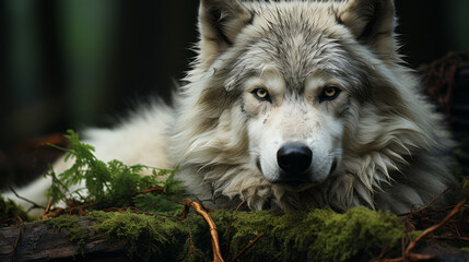Obraz premium gray wolf canis lupus, wolf lying on ground, generative ai
