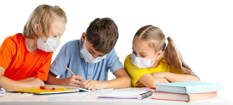 Group of children with face mask back at school after covid-19 and lockdown.