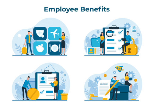 Employee benefits package. Worker advantages: overtime, medical insurance, vacation, paid family leave and retirement benefits, vector set