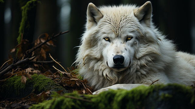gray wolf canis lupus, wolf lying on ground, generative ai