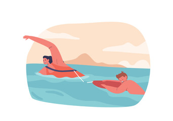 Fototapeta premium Beach Guard Character Rescues Child From Water Pulling Little Boy on Buoy. Swift And Heroic Action Prevents Drowning