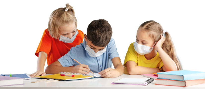 Group of children with face mask back at school after covid-19 and lockdown.