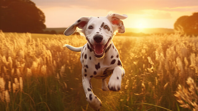 dog in the field, beautiful dalmatin running, generative ai