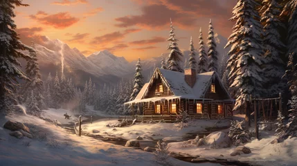 Foto op Canvas winter sunset in the mountains, beautiful winter hut in stunning mountains, generative ai © TheGoldTiger