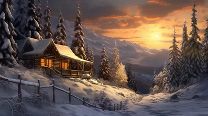 Foto op Canvas winter sunset in the mountains, beautiful winter hut in stunning mountains, generative ai © TheGoldTiger