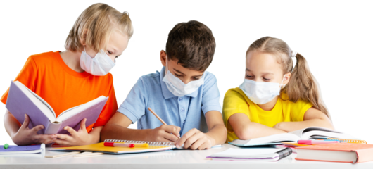 Group of children with face mask back at school after covid-19 and lockdown.