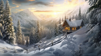 winter sunset in the mountains, beautiful winter hut in stunning mountains, generative ai