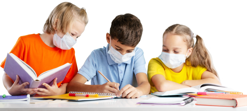 Group of children with face mask back at school after covid-19 and lockdown.