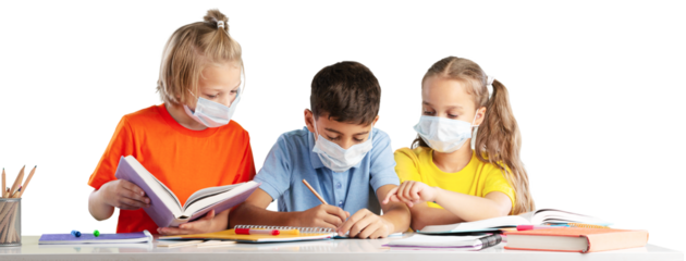 Group of children with face mask back at school after covid-19 and lockdown.