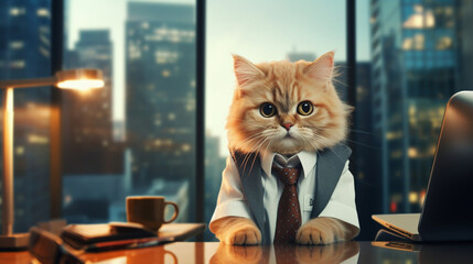モダンなオフィスの椅子に座る猫社長