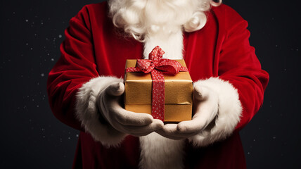 Santa Claus holds a gift in his hands. Close-up Santa's hands holding a gift. ai generative.