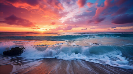 Colorful sunset over the sea. Beautiful seascape. Dramatic sky. By Generative AI.