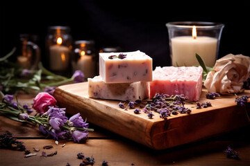 Obraz na płótnie Canvas Assortment of organic handmade soaps and burning candles on a wooden table, natural skin care and spa concept