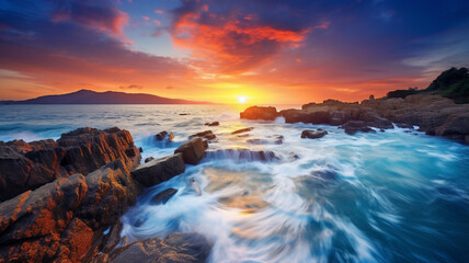 View of beautiful ocean waves hitting the rocks at the shore. Beautiful seascape. Sunset over the sea. Long exposure. By Generative AI.