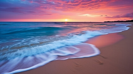 Beautiful vibrant color sunset on the beach. Colorful sky, sea and sand. By Generative AI.