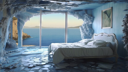 room with a window, bedroom with view to sea, generative ai