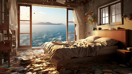 room with a window, bedroom with view to sea, generative ai