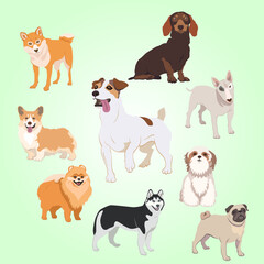 vector different funny dogs in cartoon style isolated on background