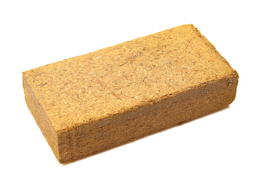 Dry coco fiber compressed brick isolated on white background. Organic soil for horticulture usage