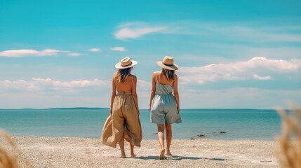 two women wearing hats and walking on the ocean on a perfect summer vacation enjoying a great beach day with bright sunny and clear sky and blue ocean at the background