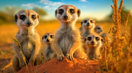 Fototapeta premium meerkat standing on a rock, a lot of cute meerkat, generative ai