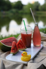 on a summer picnic on a white board on the lakeside a watermelon drink in a transparent pink bottle with drinking straws and a row of slices of ripe juicy tasty watermelon and a yellow rubber duck