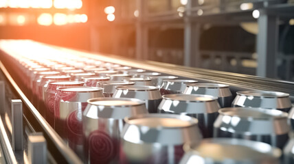 Empty new aluminum cans for drink process in factory line on conveyor belt machine at beverage manufacturing. 
 - obrazy, fototapety, plakaty