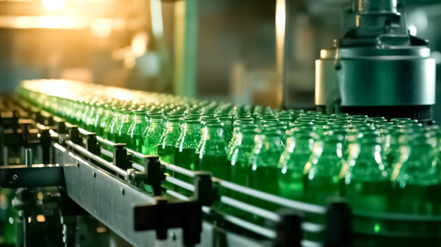 Conveyor belt, juice in glass bottles on beverage plant or factory interior. Conveyor with bottles for juice or water. Beverages factory equipments.