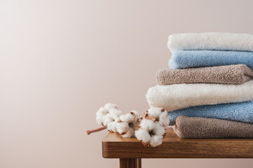 Stack of blue white beige cotton terry towels close up view. Bathroom interior details with copy...