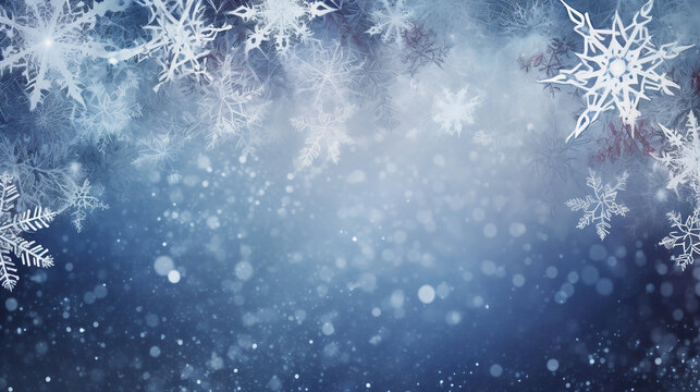 Winter background with snowflakes and bokeh lights. Christmas background.