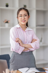 Happy Smile Beautiful Business Asian Woman Wear Glasses in Office Hall