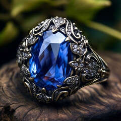 A blue sapphire is displayed on a white surface high res Neelam stone, Beautiful ring