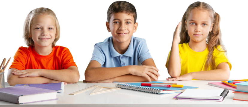 Concept of education. Elementary school child, ready to answer the teacher's questions in class. Smart little is sitting at a desk next to her classmate in the classroom.