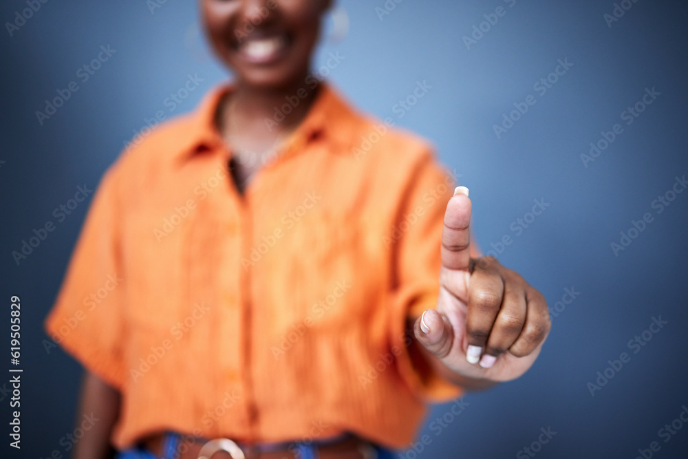 Poster finger, interface and a black woman user in studio on a blue background for internet browsing or acc