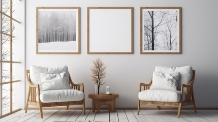 Two armchairs in room with white wall and big frame poster on it. Scandinavian style interior design of modern living room. Created with generative AI