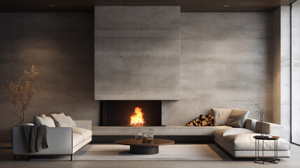 Minimalist style interior design of modern living room with fireplace and concrete walls. Created with generative AI