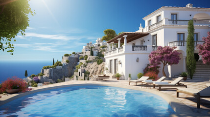 Fototapeta na wymiar Traditional Mediterranean white house with pool on hill with stunning sea view. Summer vacation background. Created with generative Ai