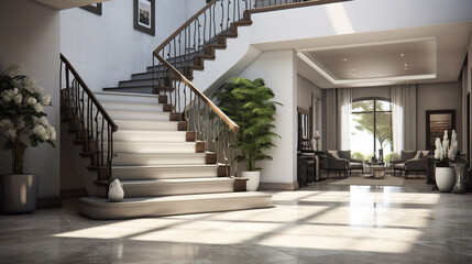 Obraz premium Interior design of modern entrance hall with staircase in villa. Created with generative AI.