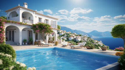 Fototapeta premium Traditional Mediterranean white house with pool on hill with stunning sea view. Summer vacation background. Created with generative Ai