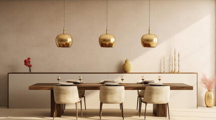 Minimalist interior design of modern dining room with brass pendant lights against beige stucco wall. Created with generative AI