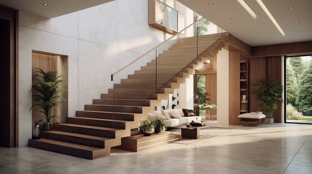 Interior design of modern entrance hall with staircase in villa. Created with generative AI.
