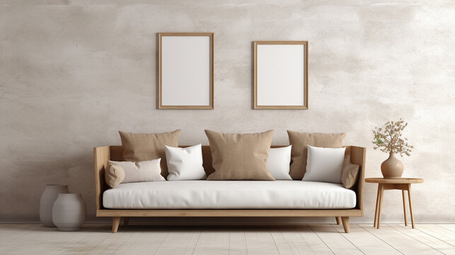 Rustic interior design of modern living room with beige fabric sofa and cushions. White wall with frame and space for text. Created with generative AI