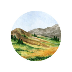 Watercolor bright and picturesque landscape. Hand drawn nature in a circle.