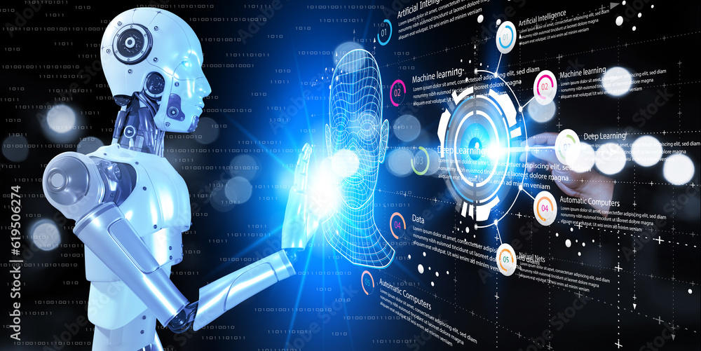 Poster hands of robot and human touching on big data network connection background, ai, machine learning, s
