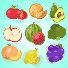 vector set of fruits and vegetables in cartoon style healthy food illustration